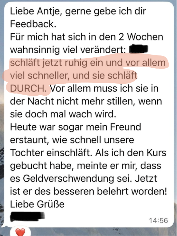 WhatsApp-Nachricht einer Kundin: nach 2 Wochen schl&auml;ft ihr Kind viel schneller und durch