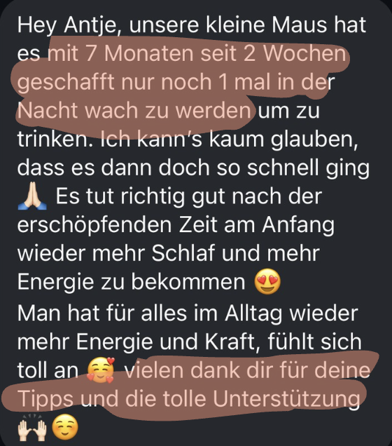 WhatsApp-Nachricht einer Kundin: nach 7 Monaten schl&auml;ft die Kleine erstmals durch, mehr Schlaf und Energie