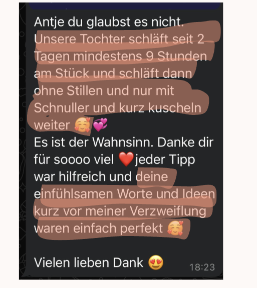 WhatsApp-Nachricht einer Kundin: Tochter schl&auml;ft seit 2 Tagen mindestens 9 Stunden am St&uuml;ck