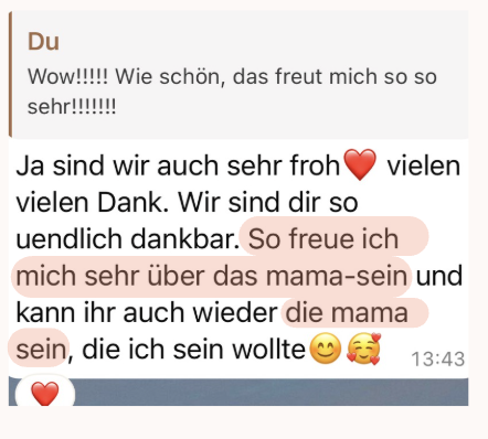 WhatsApp-Nachricht einer Kundin: so dankbar, freut sich sehr &uuml;ber das Mama-Sein